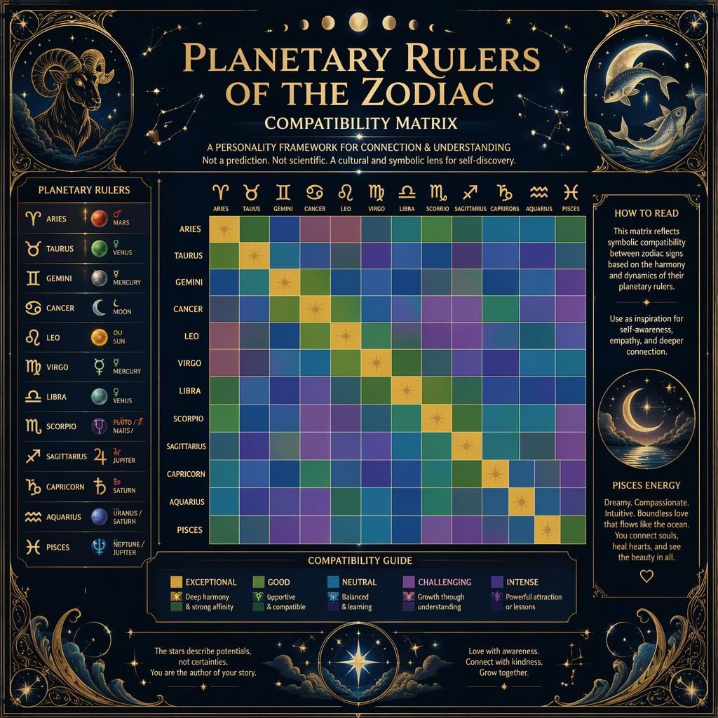 Infografía zodiacal tipo mapa de calor 12x12 con signos, planetas regentes, símbolos celestes y marco Art Nouveau azul y oro.