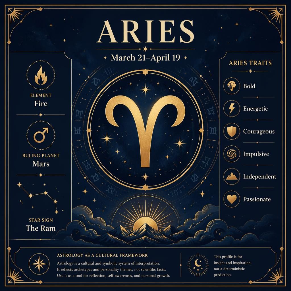 Aries Traits zodiac profile card infographic with centered Aries glyph, Art Deco frame, blue and gold celestial motifs.