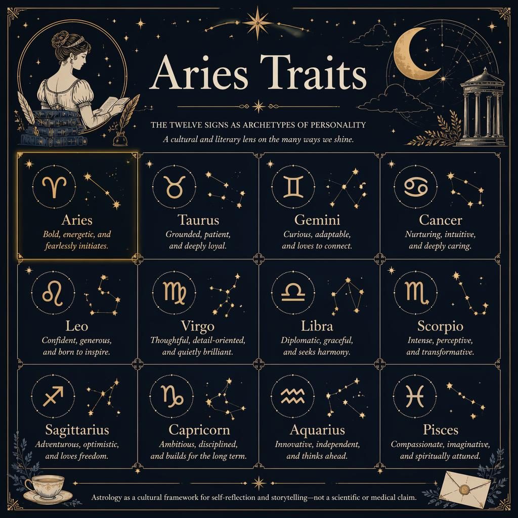 Monochrome zodiac infographic with a 12-sign grid, Aries highlighted, celestial motifs, fine constellations, and blue-gold accents.