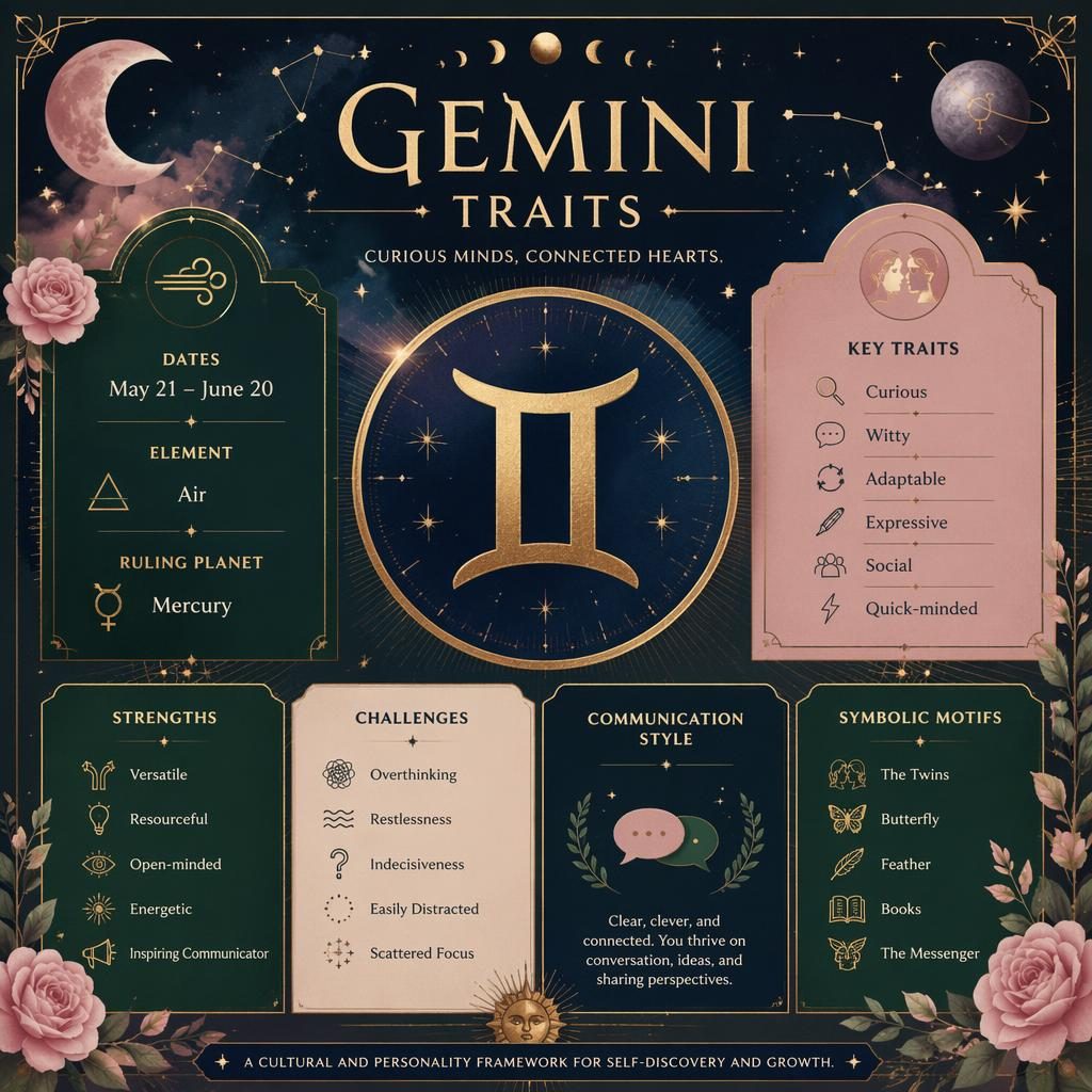 Pastel zodiac infographic card titled Gemini Traits with Gemini glyph, dates, Air element, Mercury, traits, stars and moon phases.