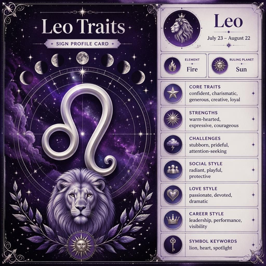 Leo Traits zodiac infographic in deep purple and silver with Leo glyph, stars, moon phases, zodiac wheel and profile sections.