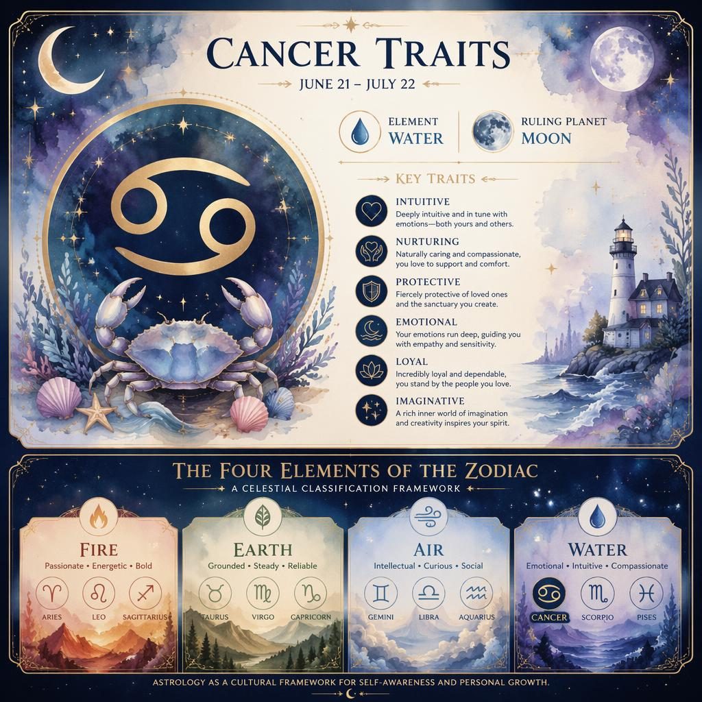 Infografía zodiacal Cancer Traits con glifo de Cáncer, agua, Luna, fechas y clasificación de elementos celestiales.
