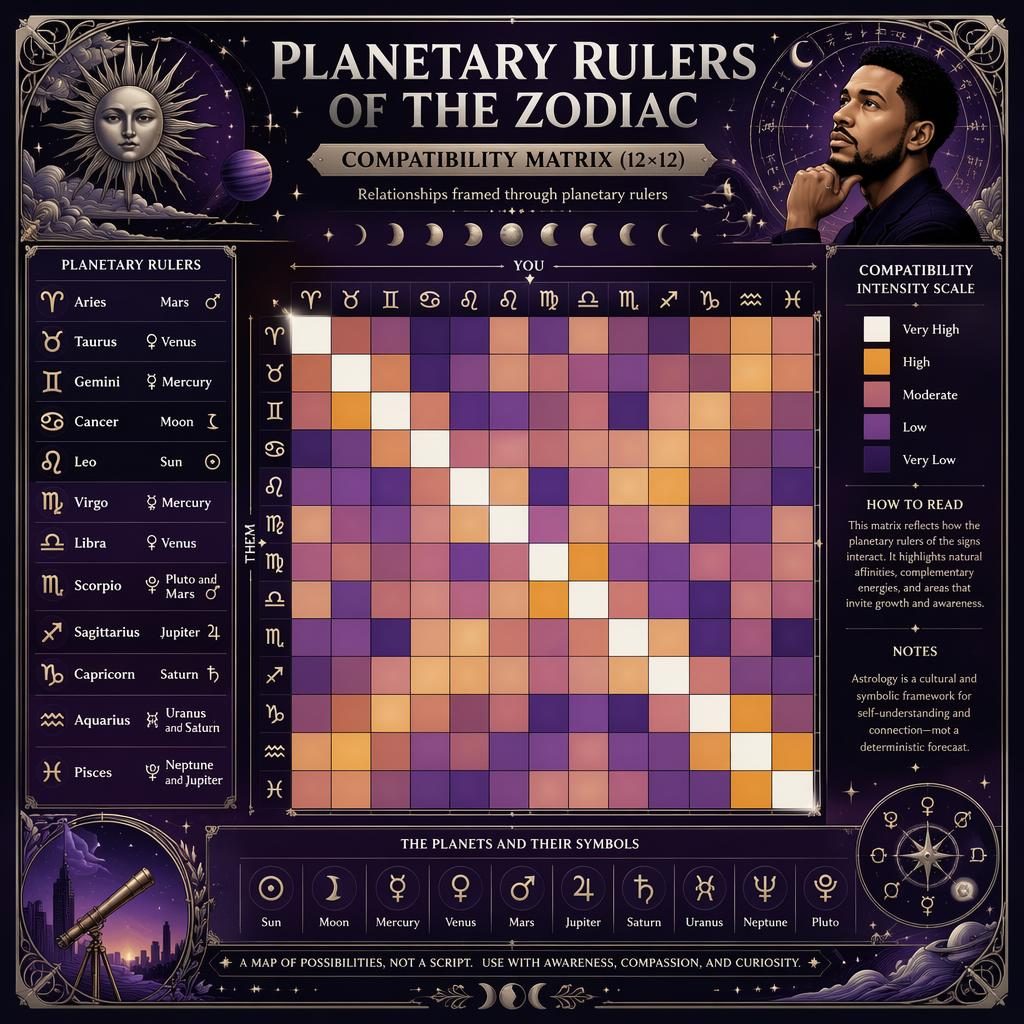 Art nouveau zodiac infographic with a 12x12 compatibility heatmap, planetary rulers, zodiac glyphs, stars, and moon phases.
