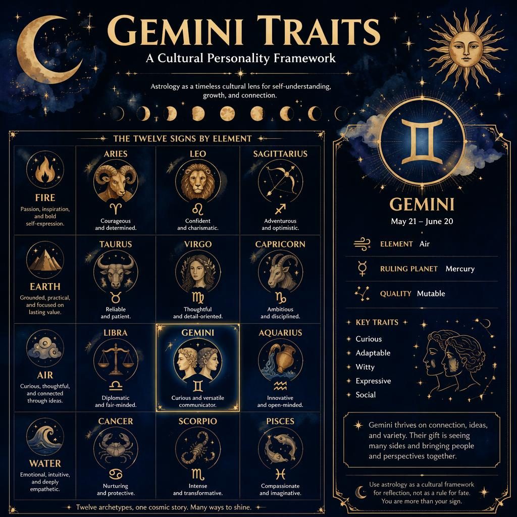 Midnight blue and gold zodiac infographic with a 12-sign grid by elements, Gemini highlighted with traits and profile callout.