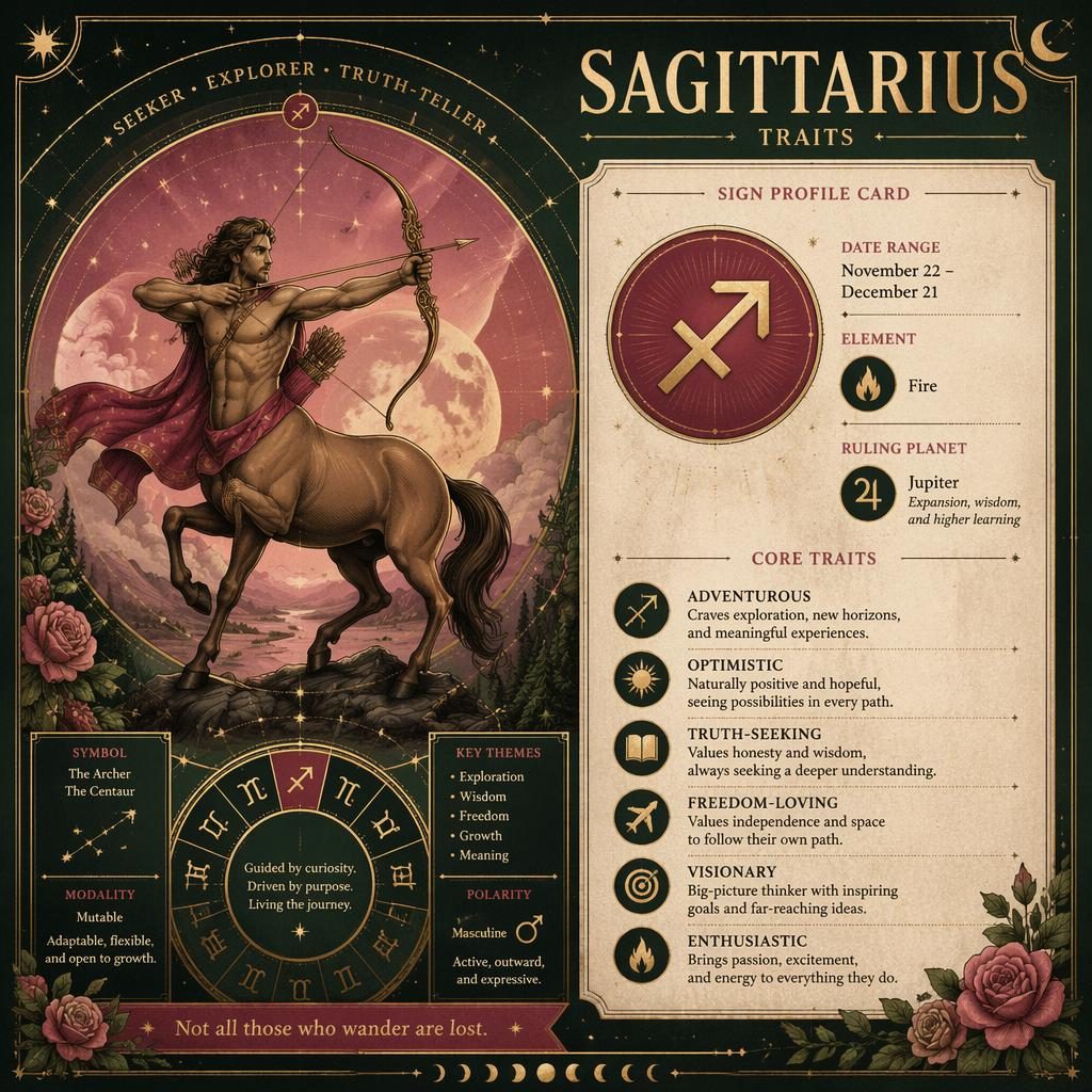 Vintage astrology infographic titled Sagittarius Traits with glyph, dates, Jupiter, element, trait callouts, and celestial diagrams.