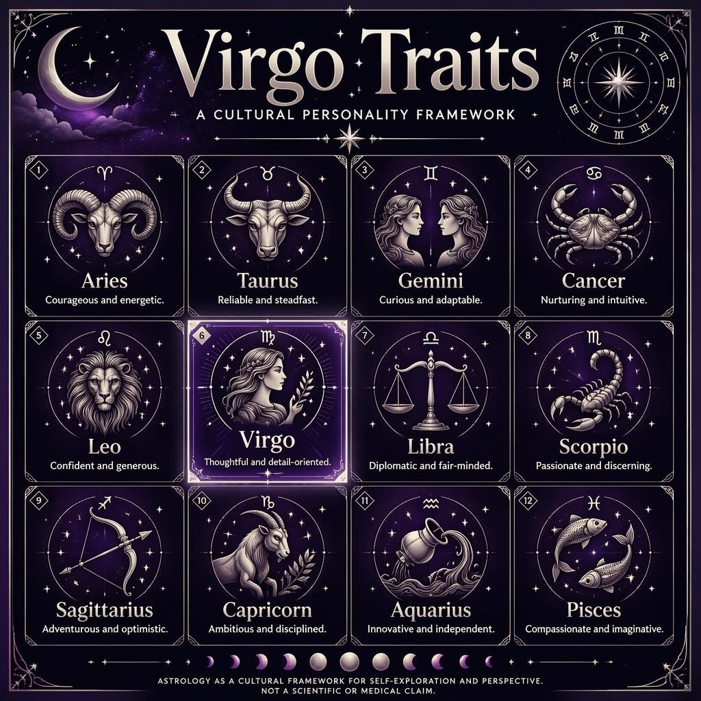Celestial zodiac graph infographic with a 12-sign grid, Virgo highlighted, deep purple background, silver linework, stars and constellations.