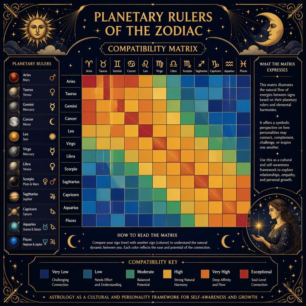 Midnight blue and gold zodiac compatibility heatmap with 12 signs on both axes, celestial symbols, art nouveau frame, stars.