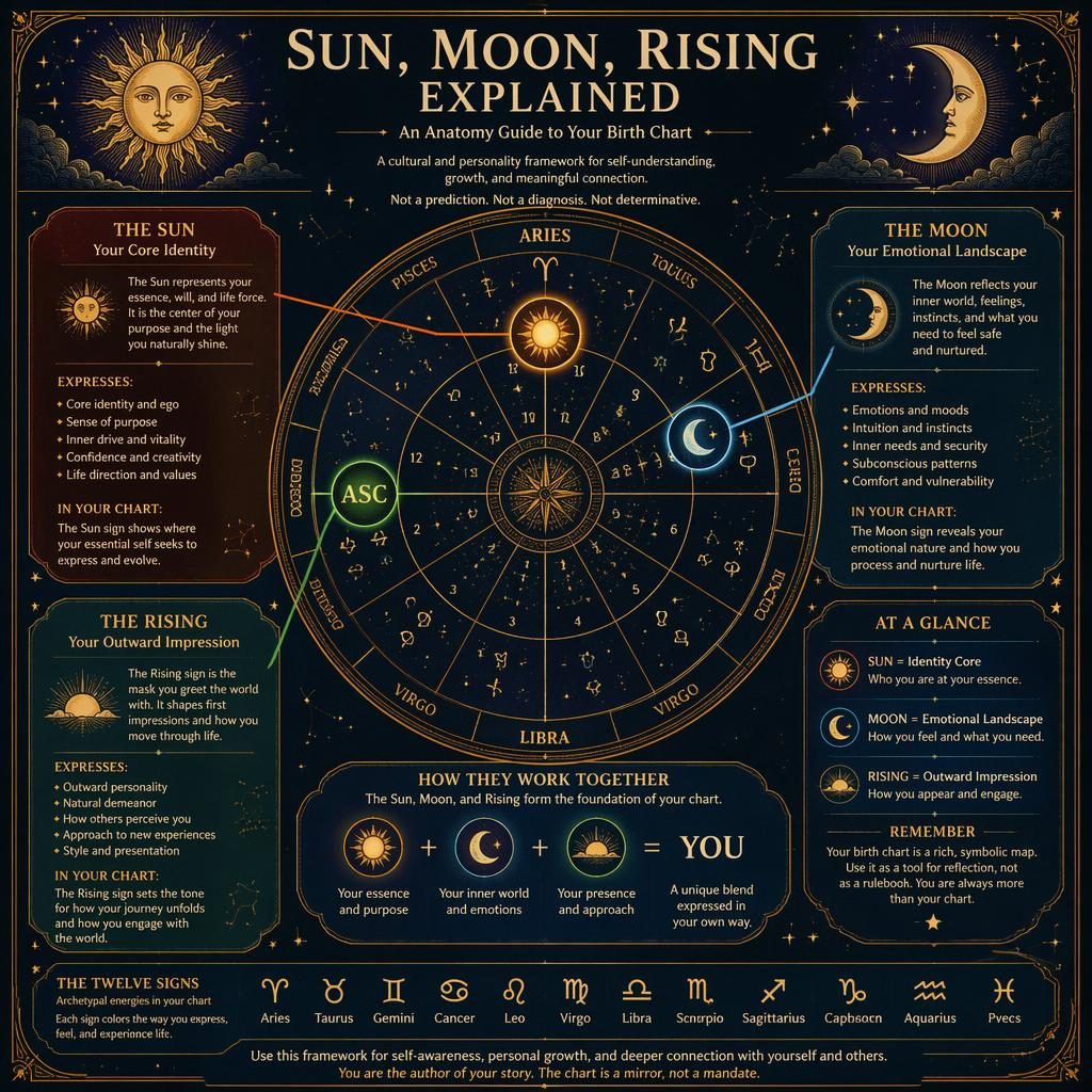 Vintage astrology infographic with a central natal chart diagram highlighting Sun, Moon, and Rising in midnight blue and gold.