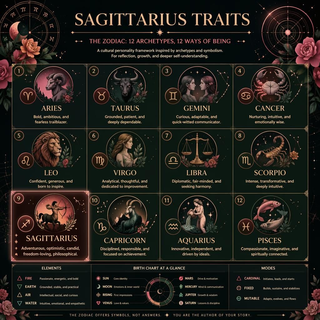 Editorial zodiac infographic grid showing all 12 signs, with Sagittarius emphasized in rose, forest, and gold celestial styling.