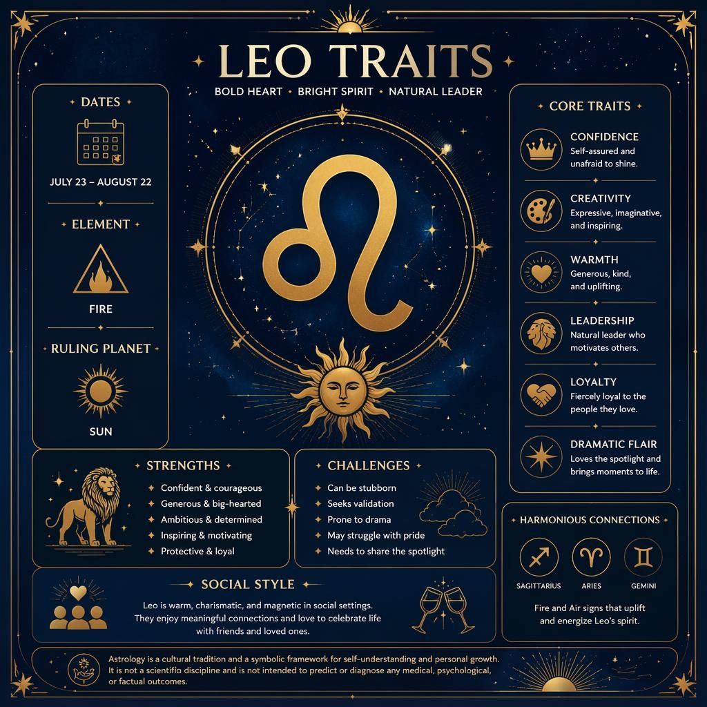 Editorial Leo traits infographic with centered Leo glyph, dates, element, ruling planet, icons, sun motif, deep blue and gold.