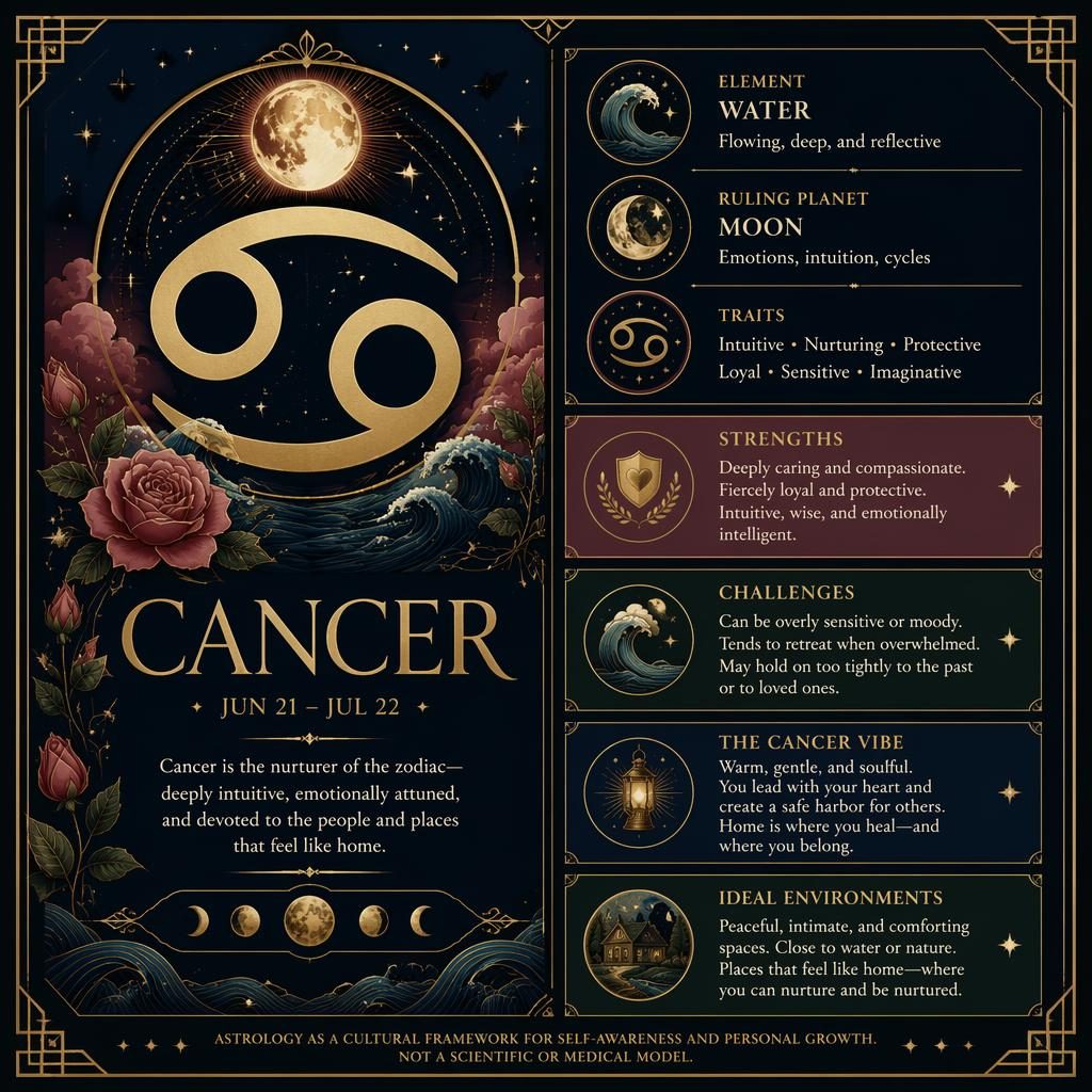 Art deco Cancer zodiac report infographic with gold glyph, Moon motifs, constellation accents, and traits on deep blue.