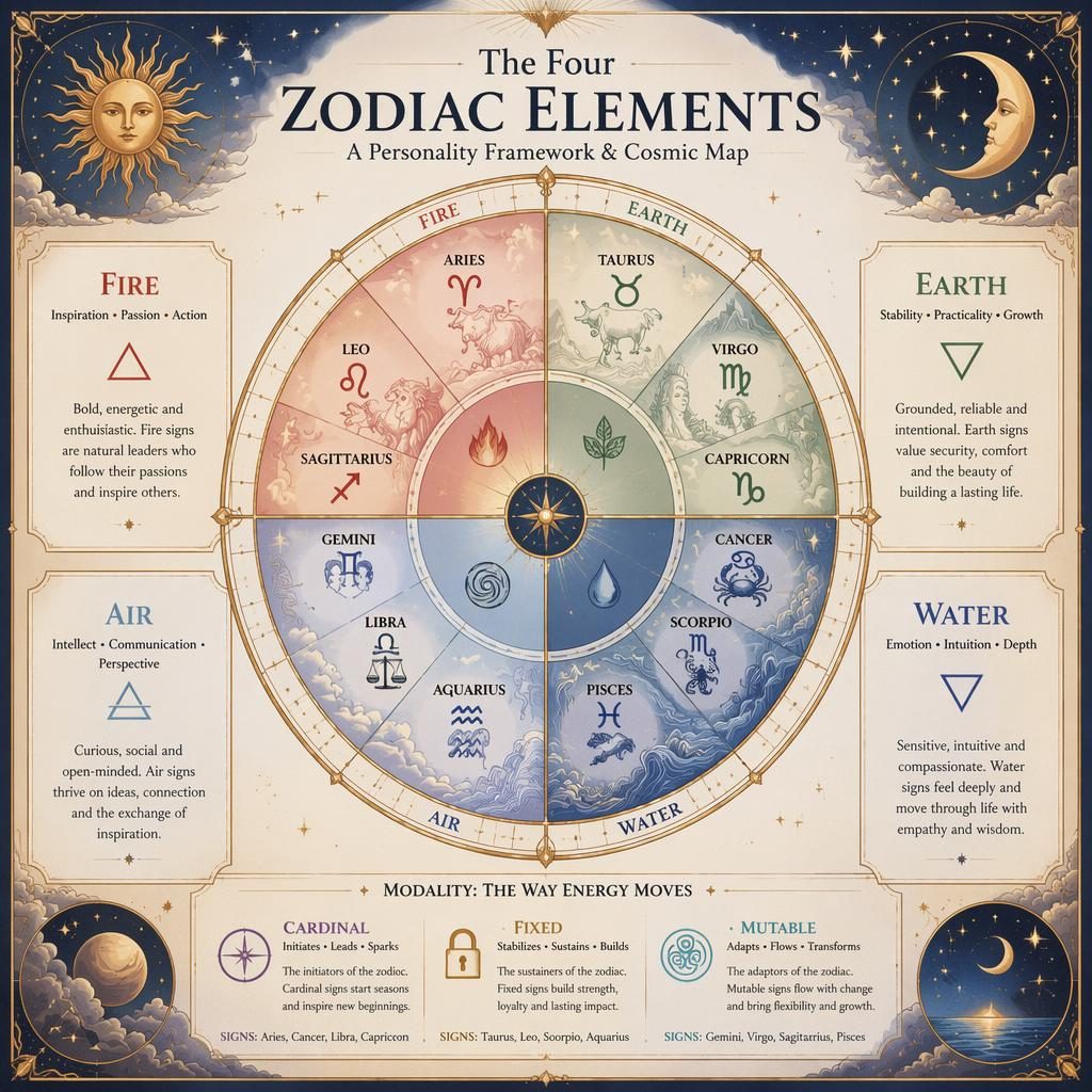 Infografía astrológica vintage con rueda central natal, 4 elementos del zodiaco, 12 signos, mapas estelares y detalles dorados.