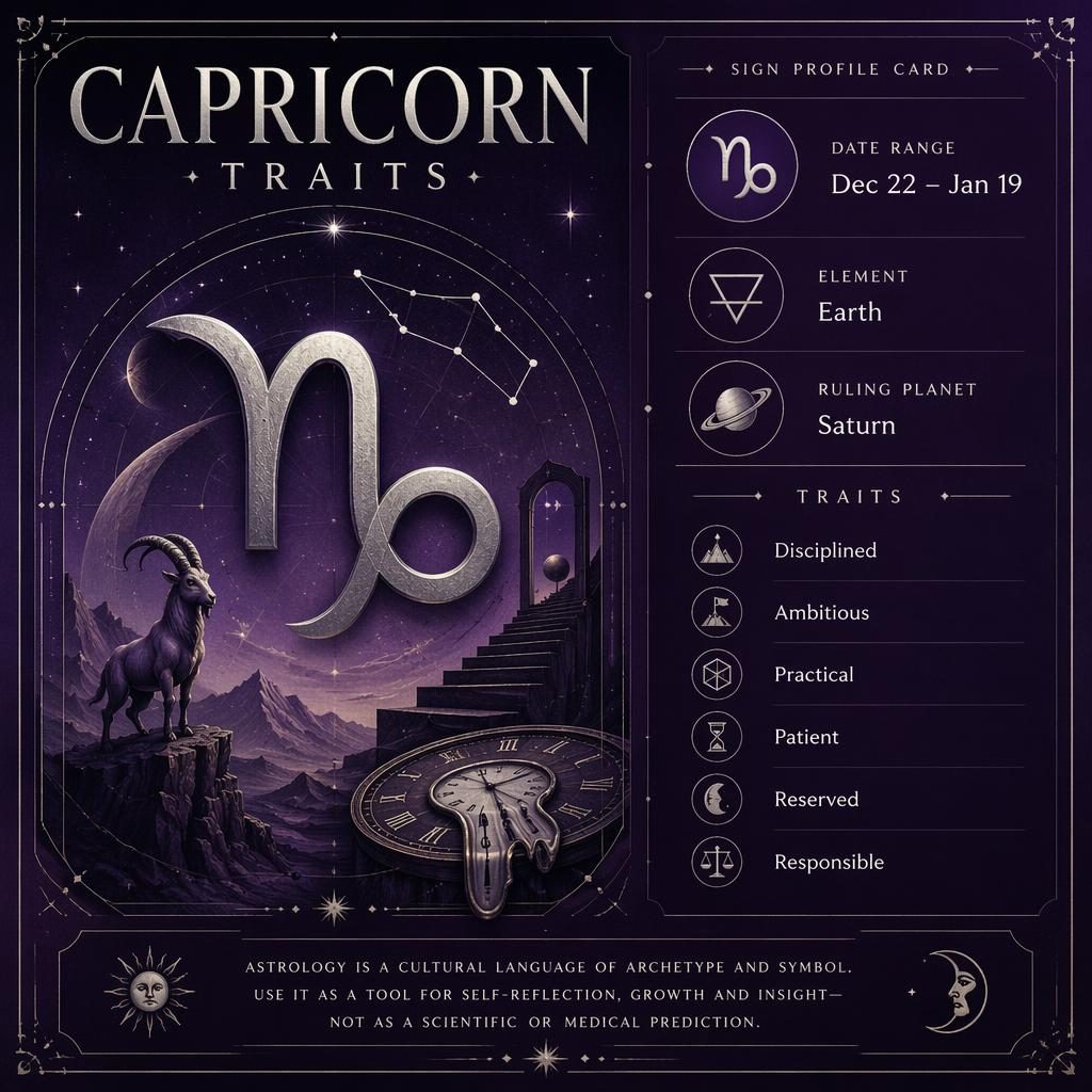 Capricorn traits infographic card with zodiac glyph, Dec 22–Jan 19, Earth, Saturn, stars, constellation accents, purple-silver design.