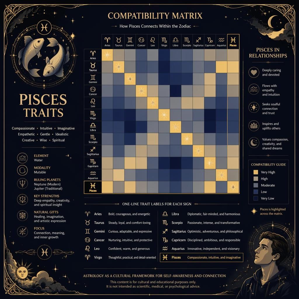 Pisces Traits zodiac infographic with a 12x12 compatibility matrix, Pisces highlighted, deep blue and gold celestial art nouveau design.