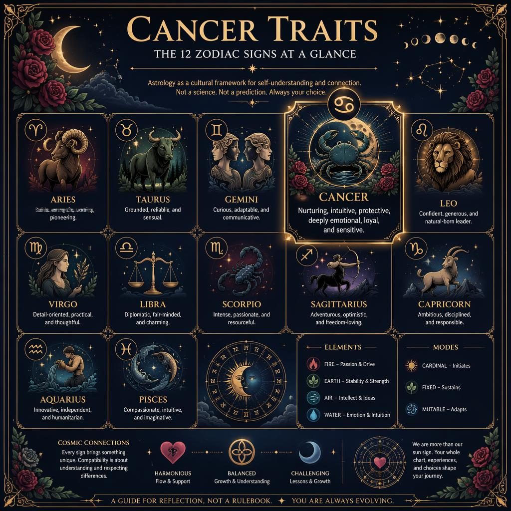 Editorial zodiac infographic with all 12 signs in a grid, Cancer highlighted, celestial icons, stars, moon phases, and gold accents.