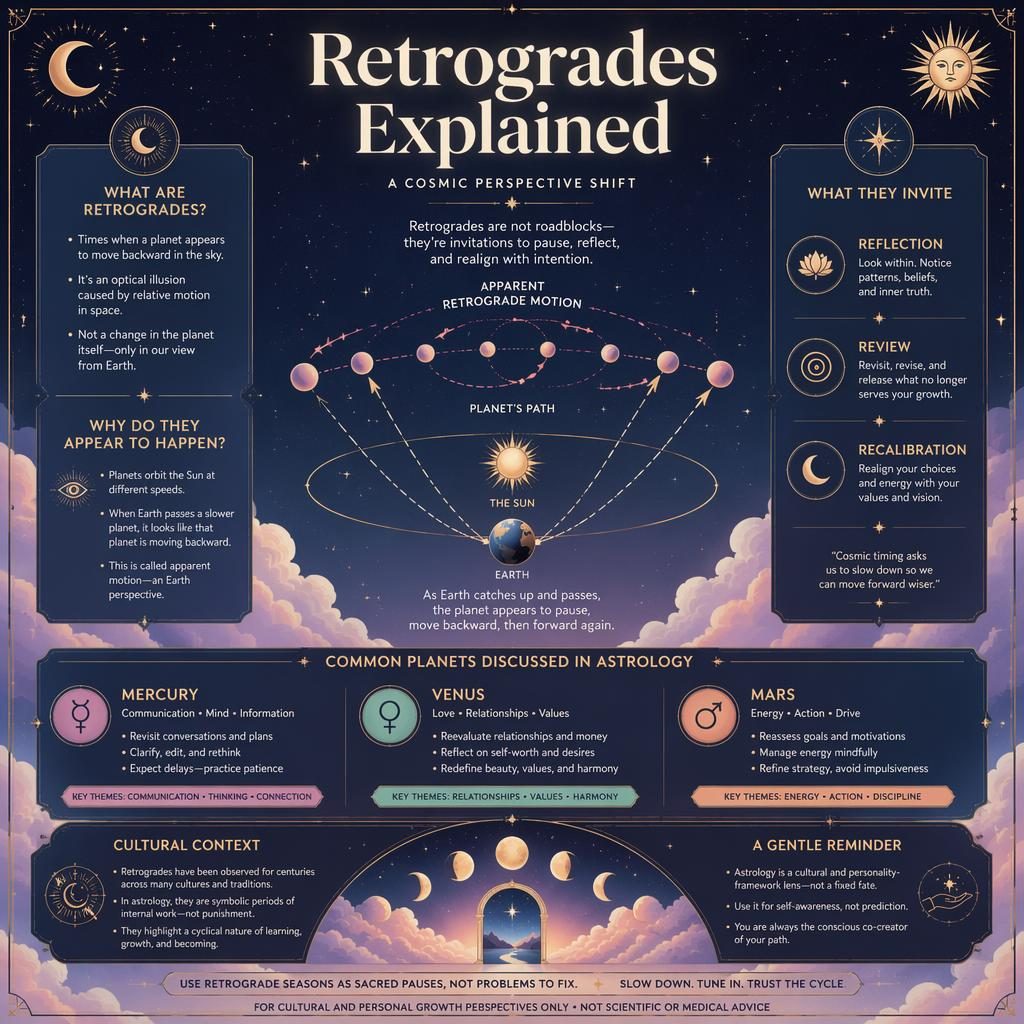 Astrology infographic card with retrograde motion diagram, zodiac wheel, moon phases, stars, and labeled planet sections.