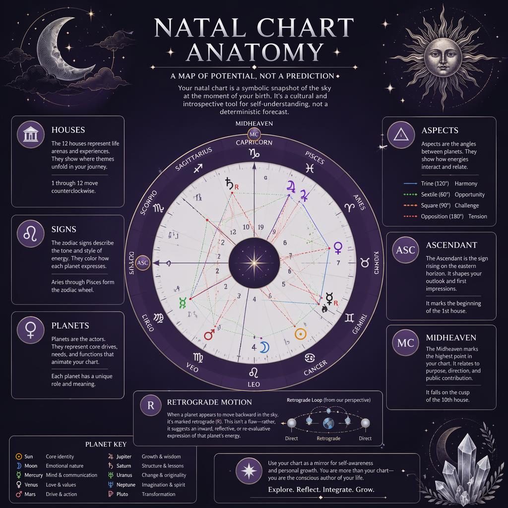 Editorial astrology infographic with a circular natal chart wheel, labeled houses, zodiac ring, planet symbols, aspects, ascendant, and retrograde callouts.