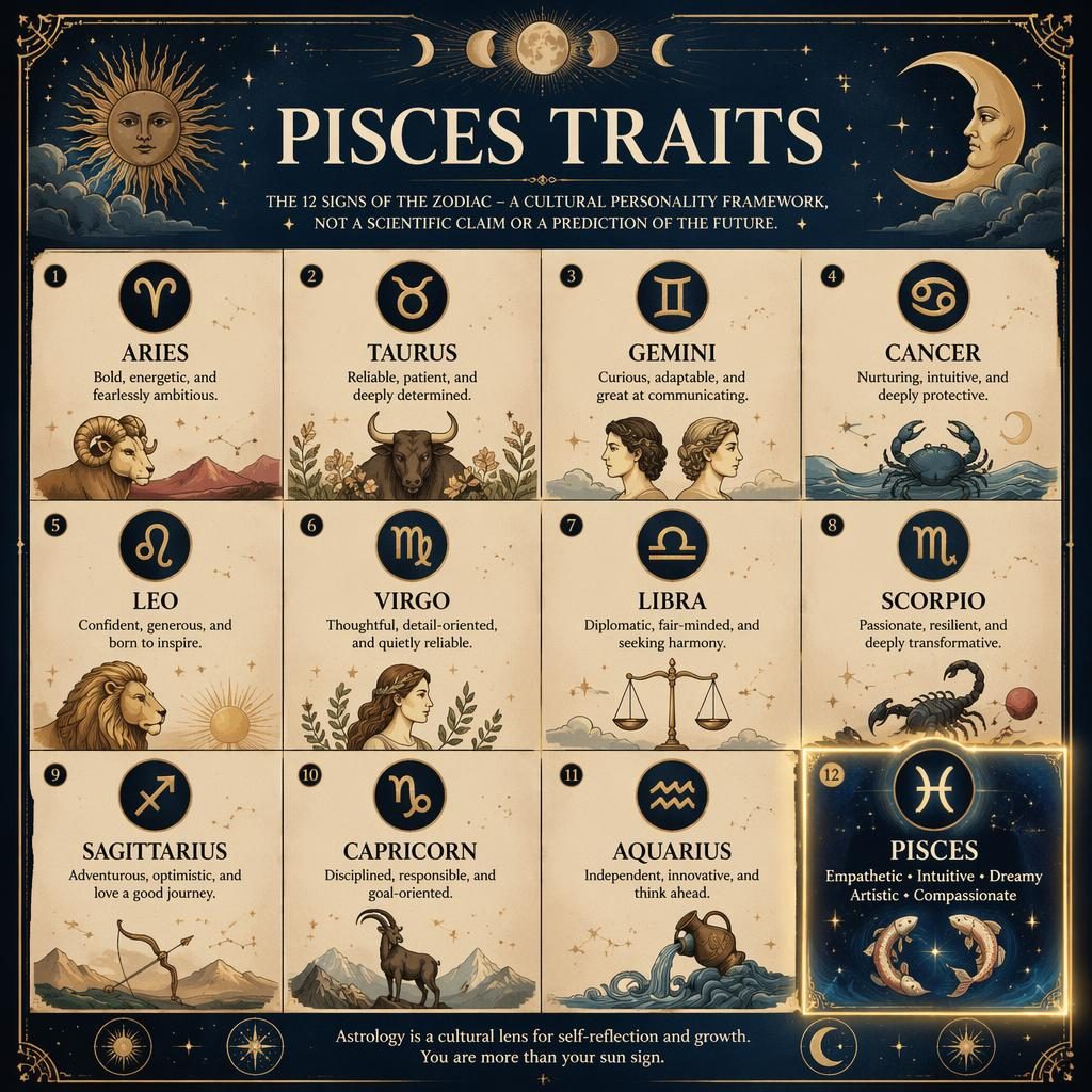 12-sign zodiac grid infographic with Pisces highlighted, celestial symbols, stars, moon phases, and gold-accented blue earth tones.