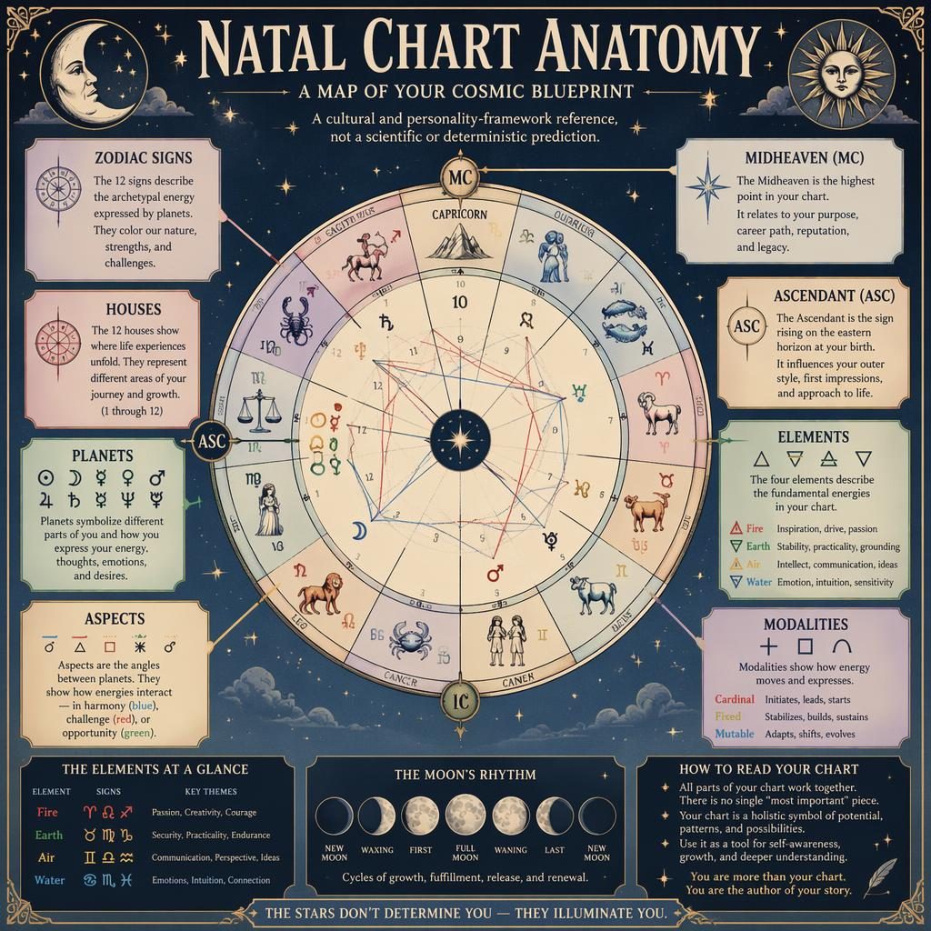 Infografía vintage de carta natal con rueda zodiacal, casas, planetas, aspectos y etiquetas educativas en inglés.