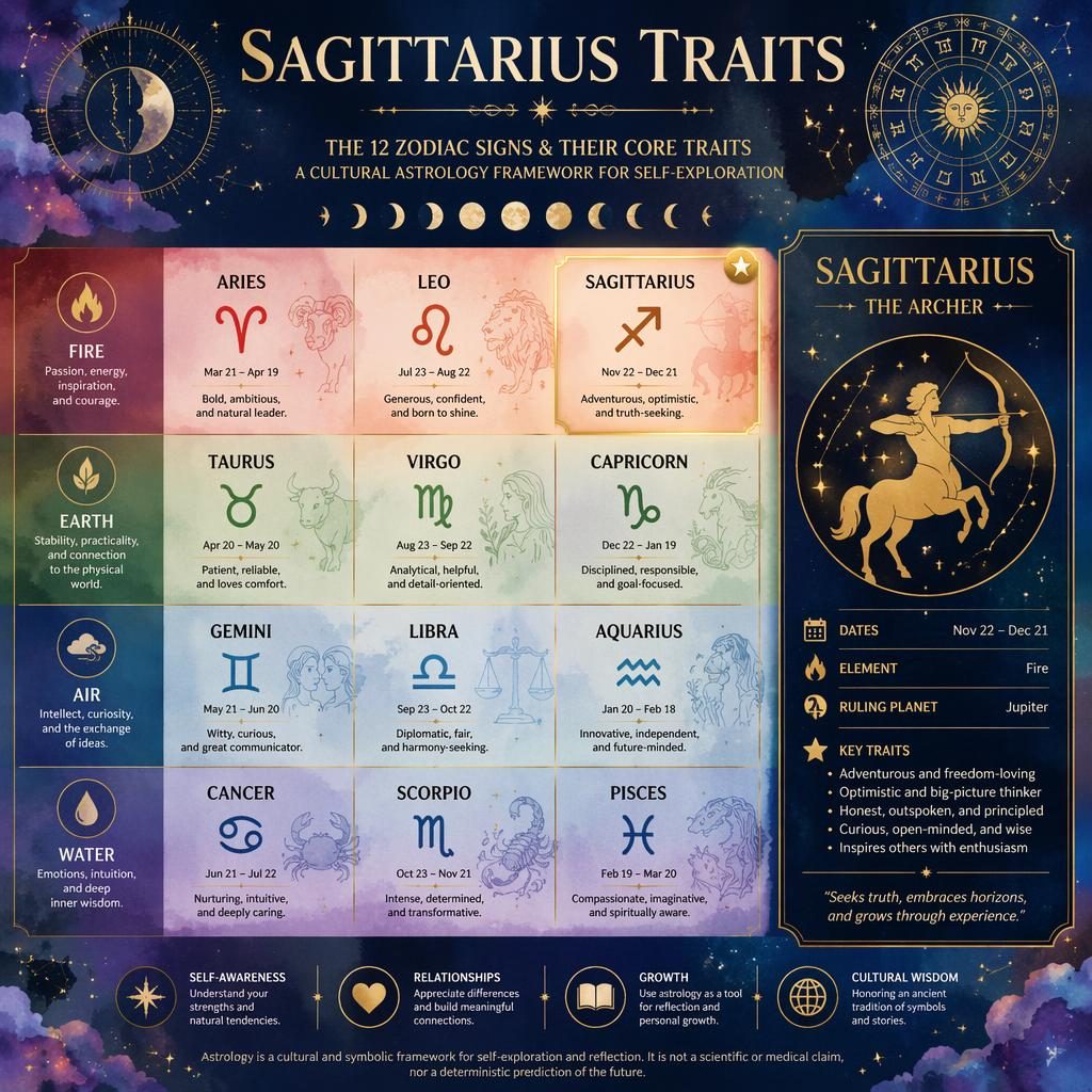 Watercolor zodiac infographic with a 12-sign grid by elements, highlighting Sagittarius with glyph, dates, Jupiter, and traits.