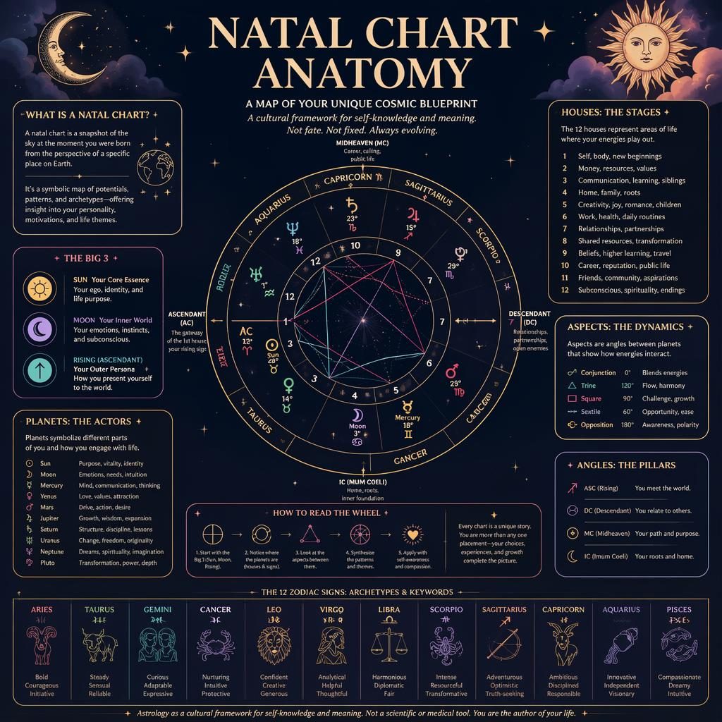 Astrology infographic with a circular natal chart wheel, zodiac signs, houses, planets, aspects, and pastel celestial panels.