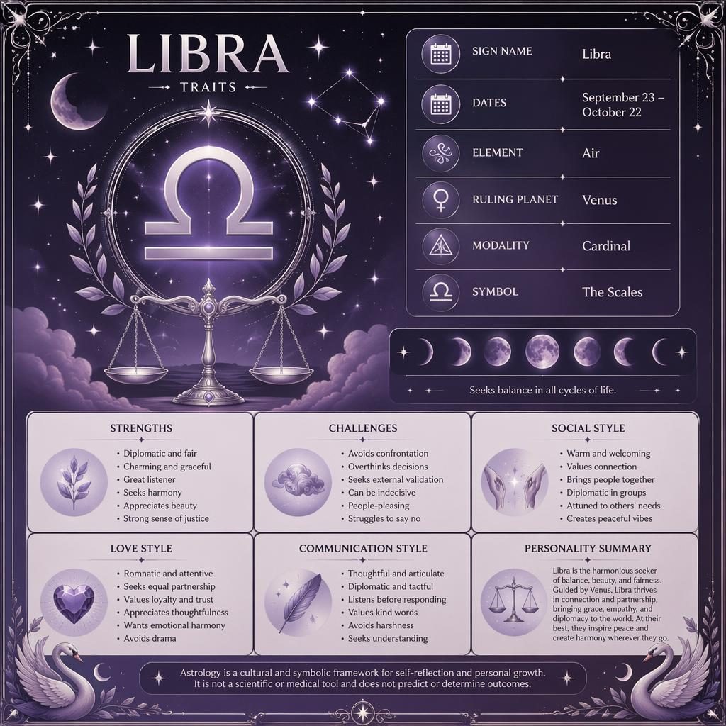 Infografía mística de Libra en morado y plata con glifo, escalas ornamentales, constelaciones y fases lunares.