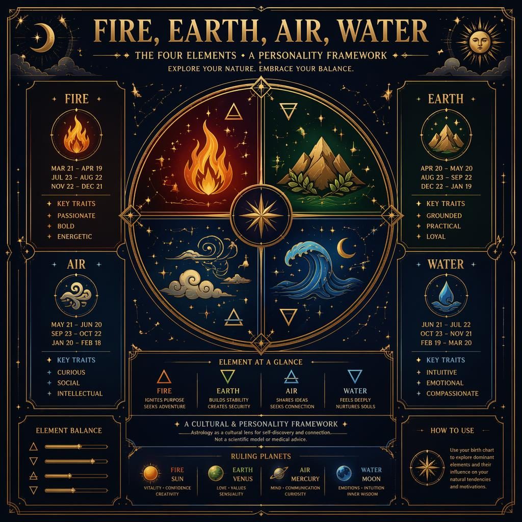 Art Deco zodiac infographic in deep blue and gold showing Fire, Earth, Air, and Water in a celestial mandala.