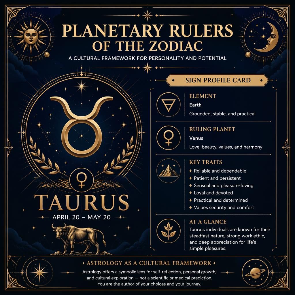 Art deco infografika zodiac zvěrokruh s profilem znamení, zlatými glyphy, tmavě modrým pozadím a nebeskými motivy.
