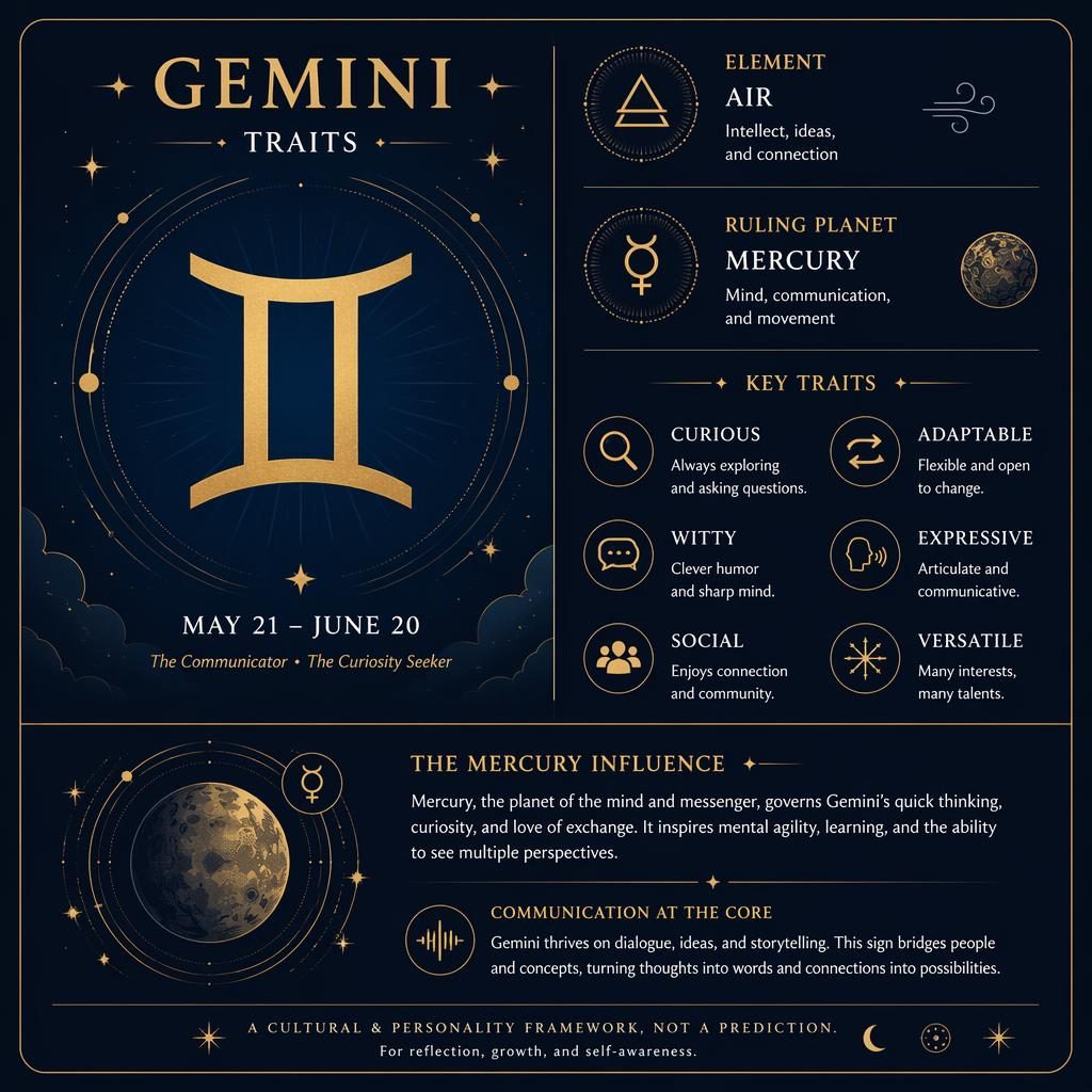 Midnight blue and gold Gemini traits infographic with glyph, dates, Mercury, key traits, stars, constellations, and orbit lines.