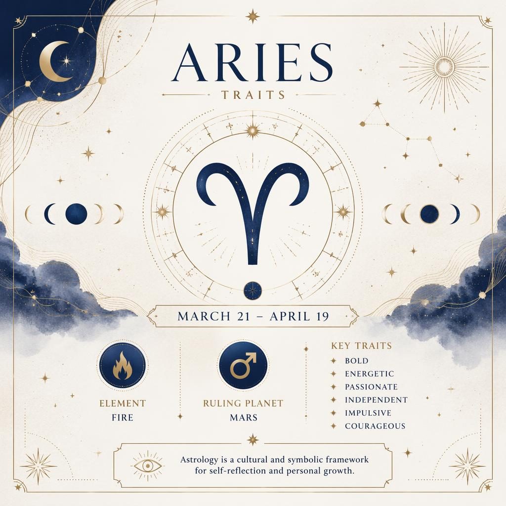 Tarjeta de perfil zodiacal Aries con glifo central, rueda zodiacal, fechas 21 Mar–19 Abr y detalles celestiales azul y dorado.