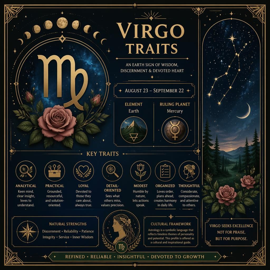 Art deco Virgo traits infographic with gold Virgo glyph, dates, Earth element, Mercury, and celestial motifs in rose-forest tones.
