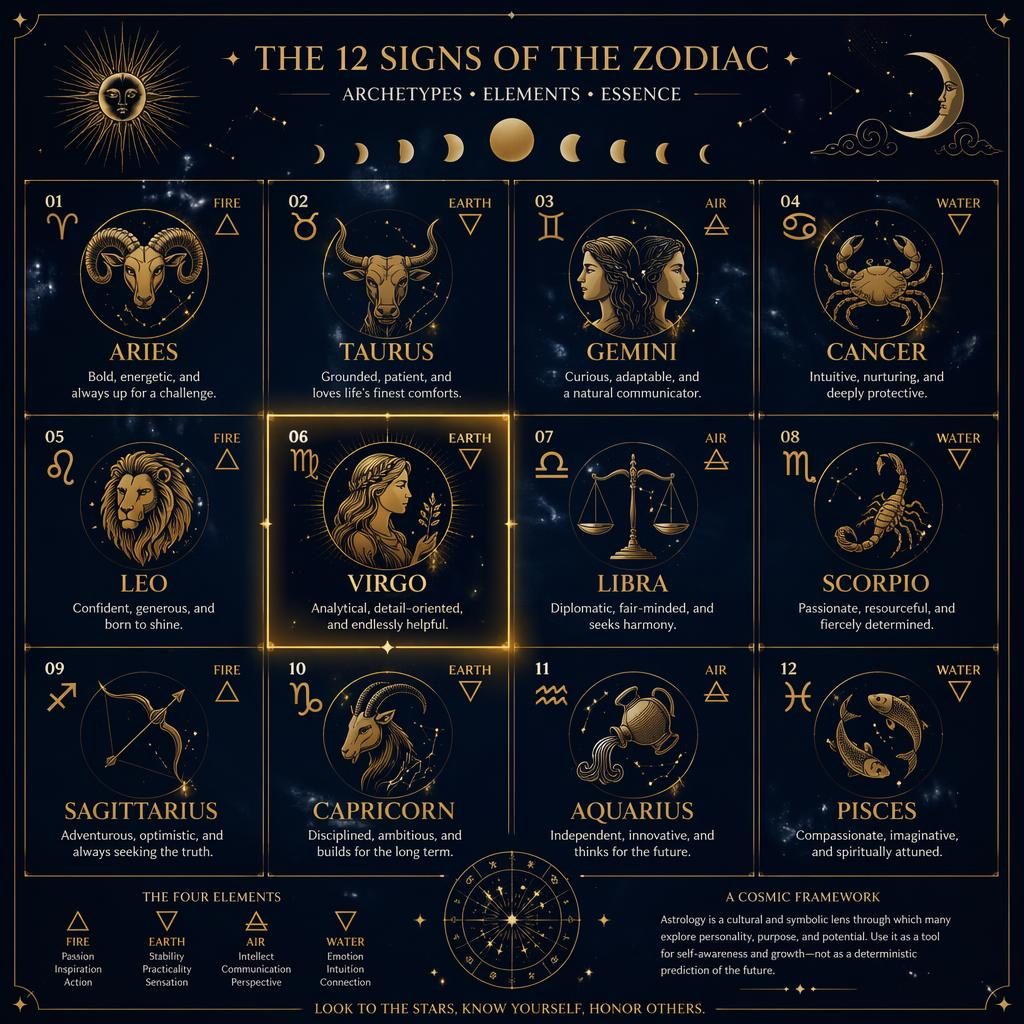 Infografía zodiacal en azul medianoche y dorado con 12 signos en cuadrícula, Virgo destacado y detalles celestiales.