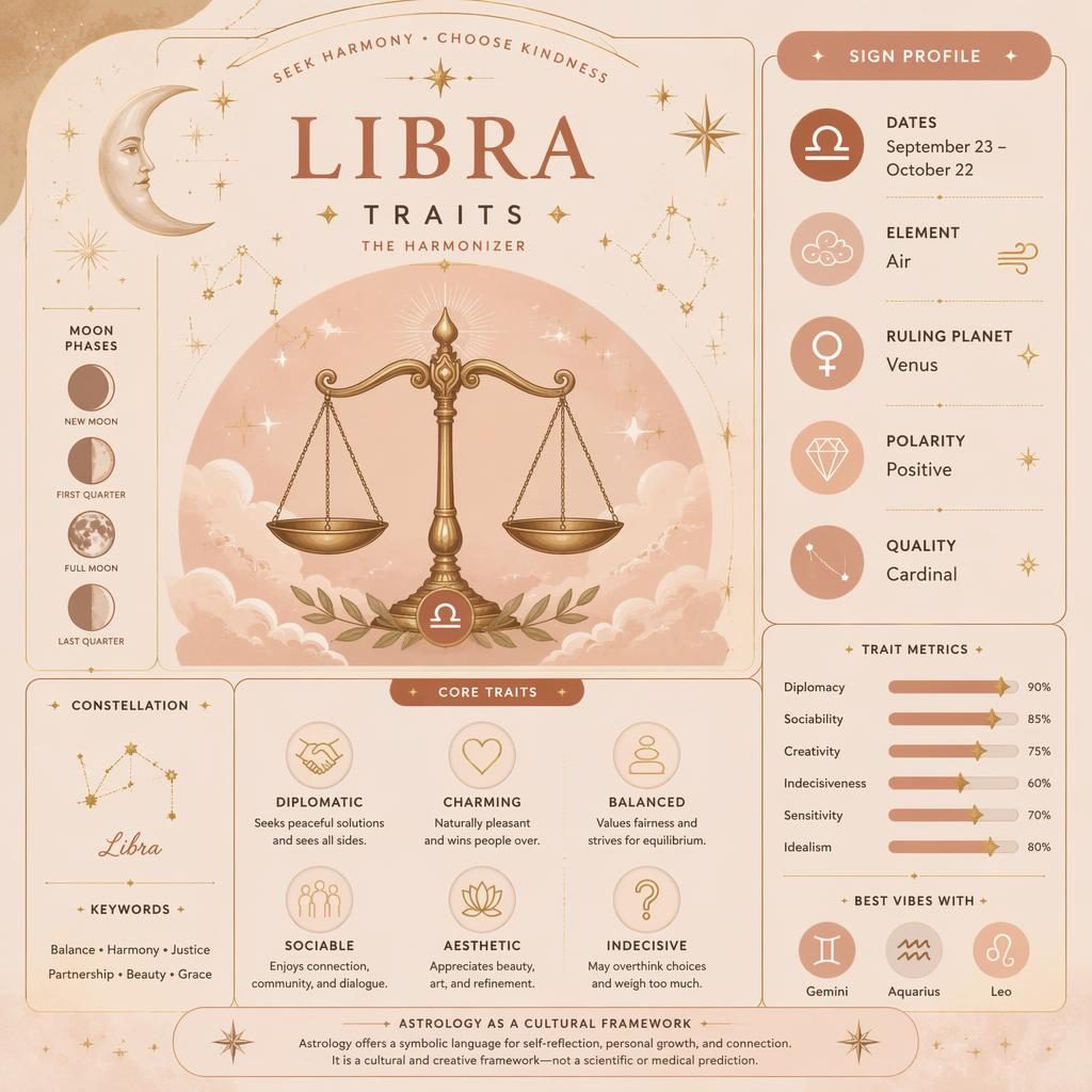 Libra traits infographic card with scales glyph, Air element, Venus ruling planet, dates, moon phases, stars, and gold accents.