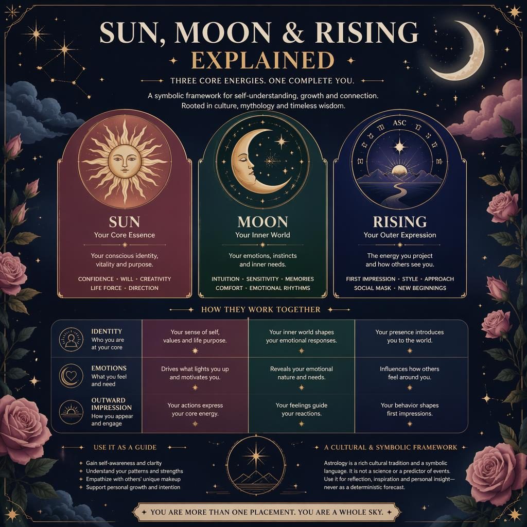 Pastel celestial infographic with Sun, Moon, and Rising panels, zodiac motifs, star maps, gold accents, and trait labels.