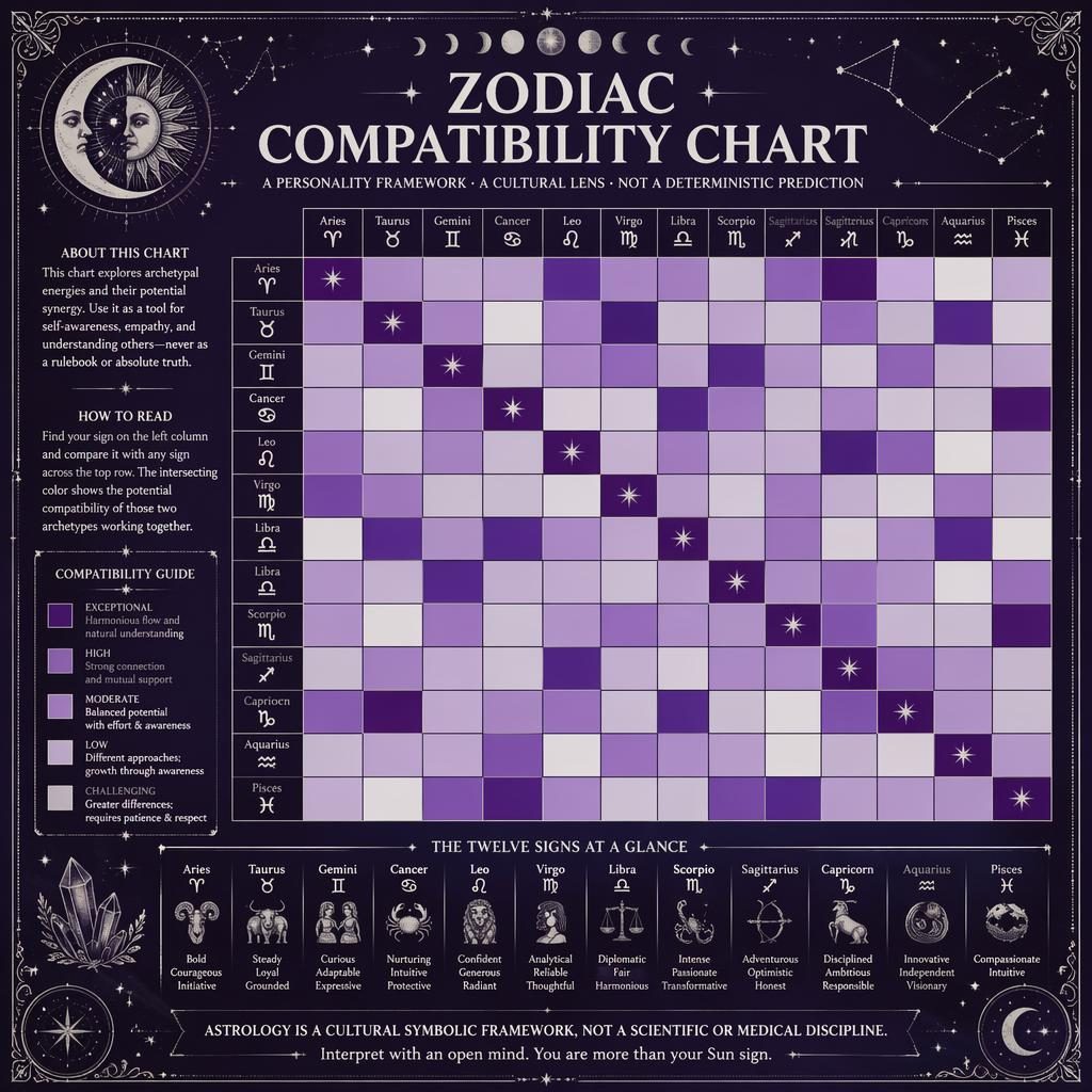 Vintage-style zodiac compatibility chart infographic with 12x12 heatmap, zodiac glyphs, legend, and celestial border in purple.