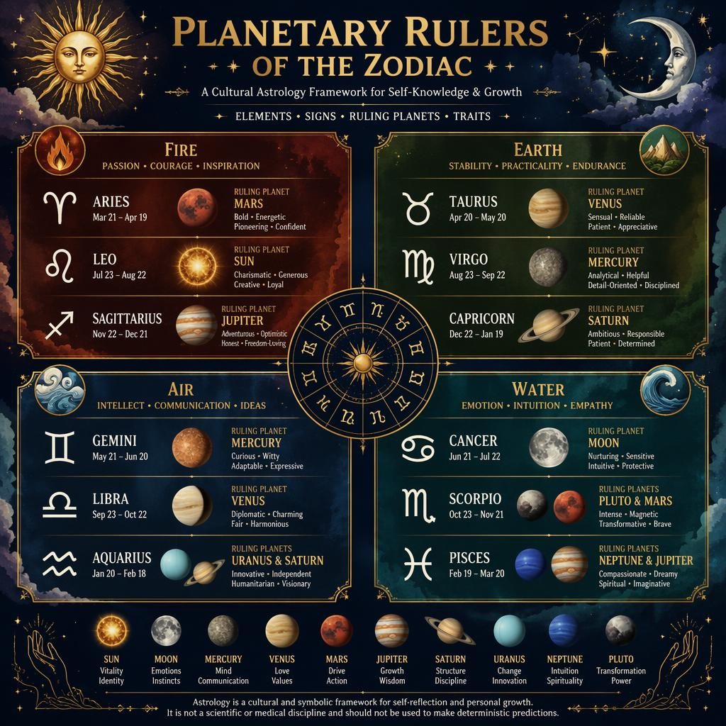 Mystical zodiac infographic grouping 12 signs by Fire, Earth, Air, and Water with ruling planets, glyphs, dates, and traits.