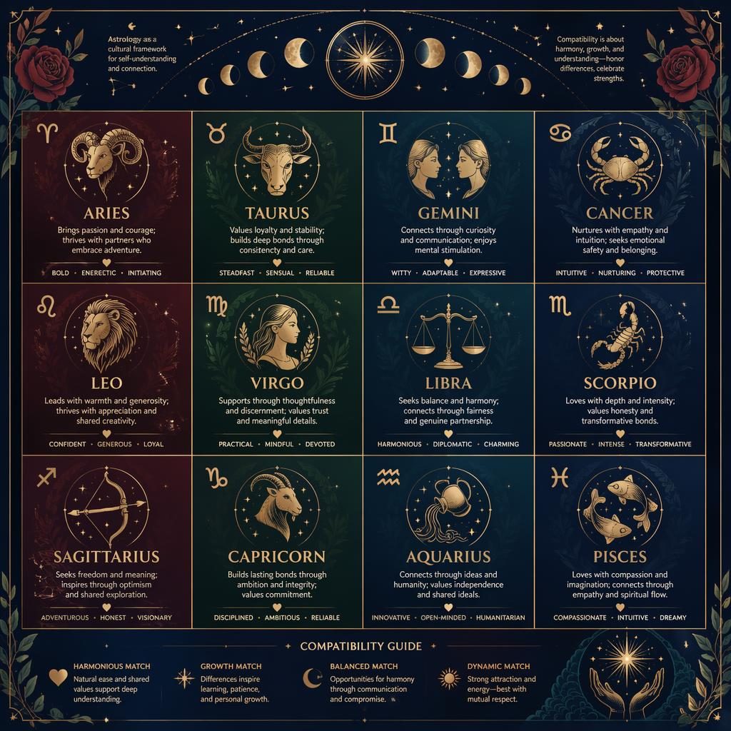 Editorial zodiac grid infographic with 12 signs, celestial icons, star maps, moon phases, and rose, blue, and gold accents.
