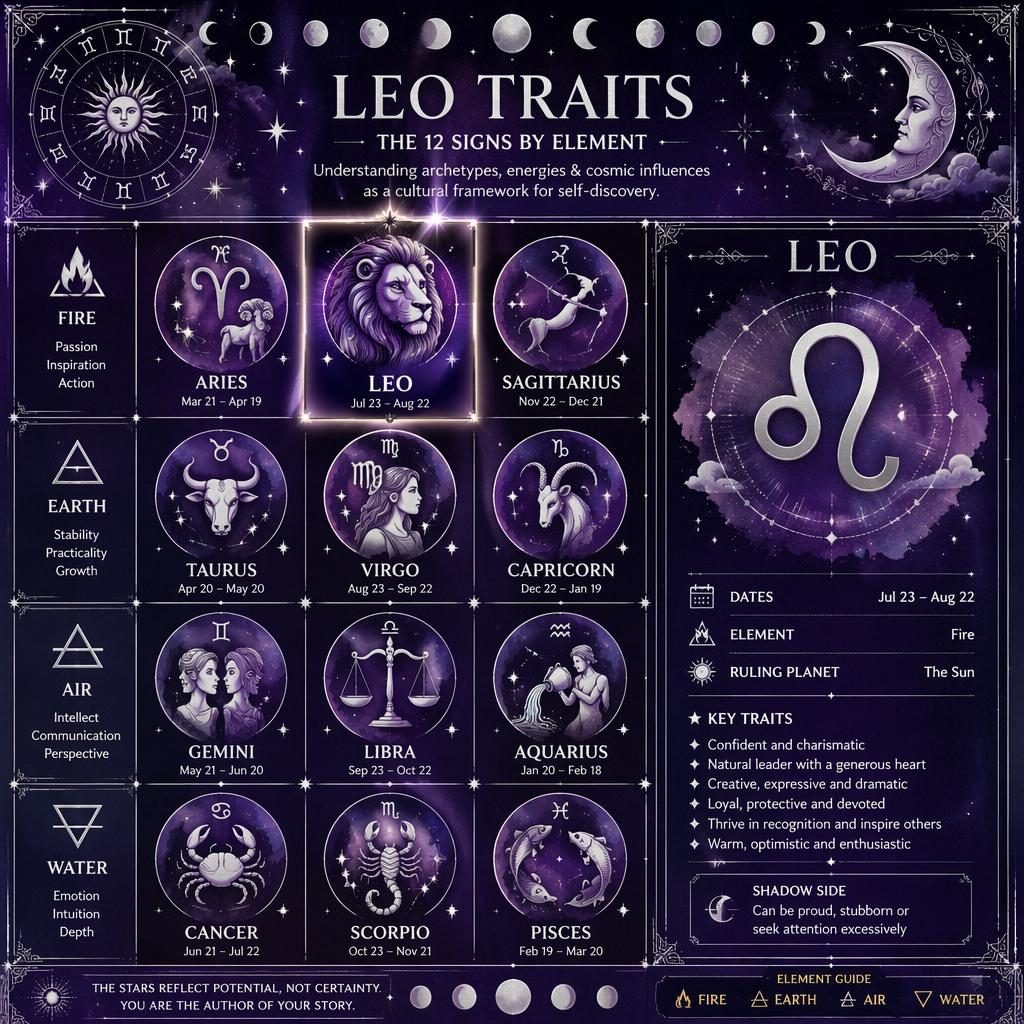 Leo Traits zodiac infographic with 12-sign element grid, Leo highlighted in Fire, purple and silver celestial watercolor design.