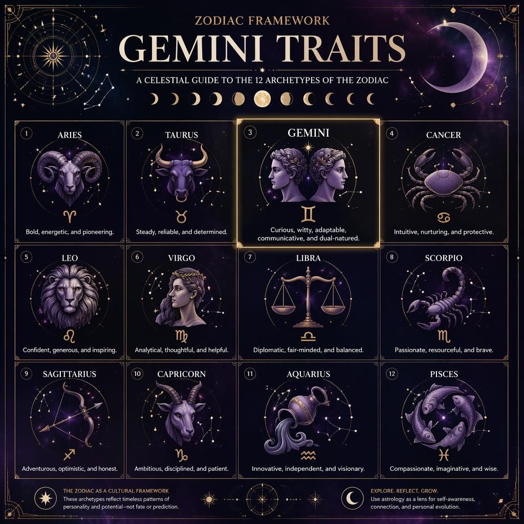 Elegantní astrologická infografika s 12 znameními v mřížce, zvýrazněnými Blíženci, hvězdnými mapami a fialovo-stříbrnou paletou.