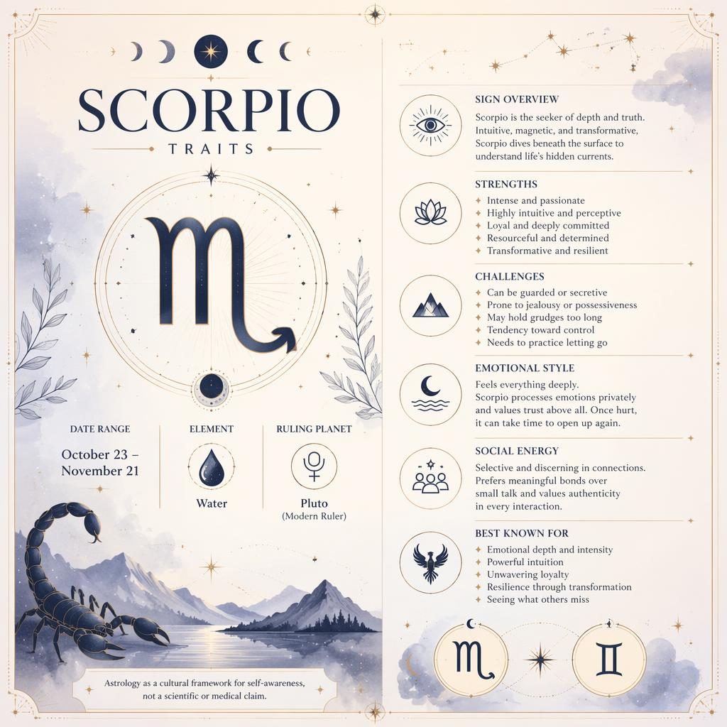 Infografía zodiacal Scorpio Traits en estilo pastel monocromo con glifo de Escorpio, iconos celestes, fases lunares y acentos dorados.