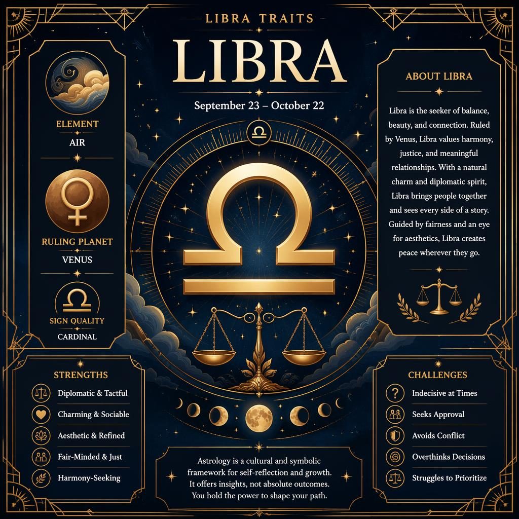 Infografía de Libra estilo Art Déco con glifo central, rueda zodiacal, estrellas, fases lunares y detalles dorados.