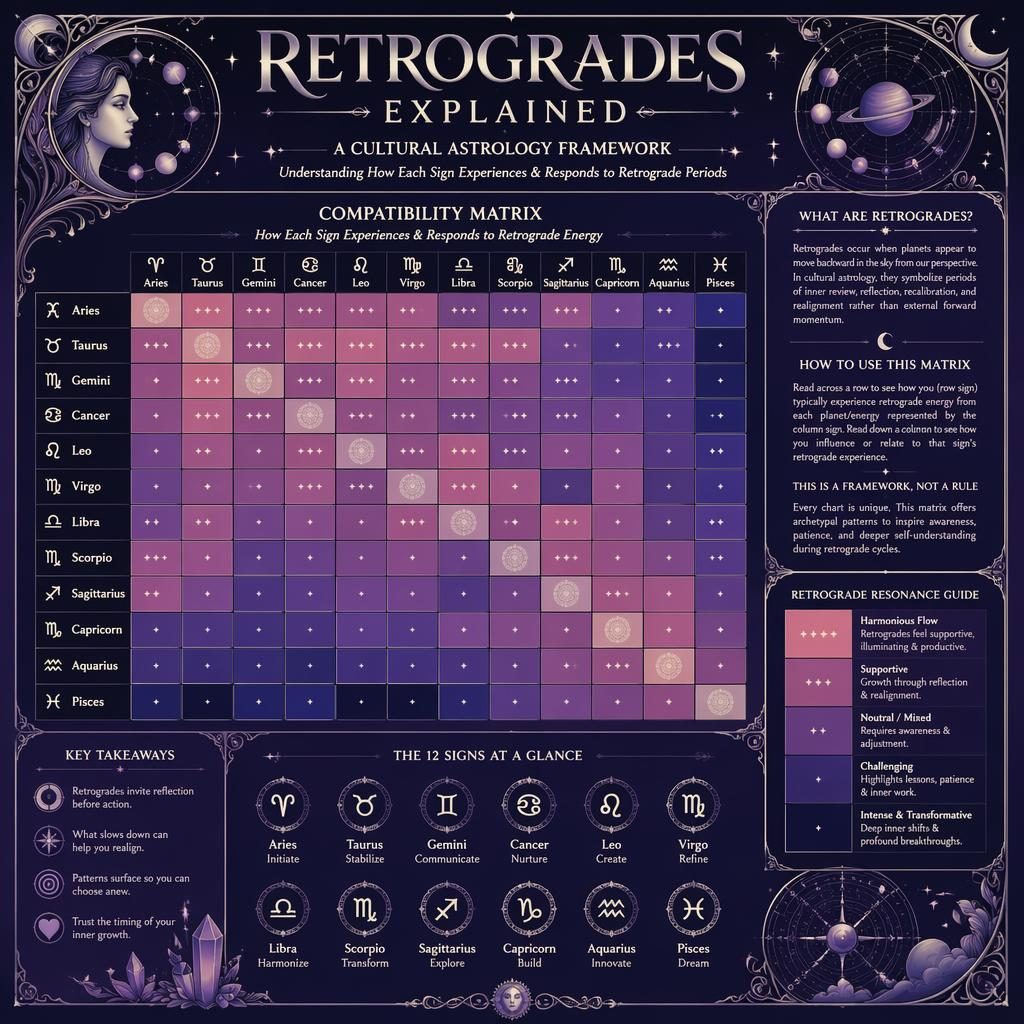 Art nouveau zodiac infographic with a 12x12 retrograde resonance matrix, side panel, legend, glyphs, and purple silver celestial motifs.