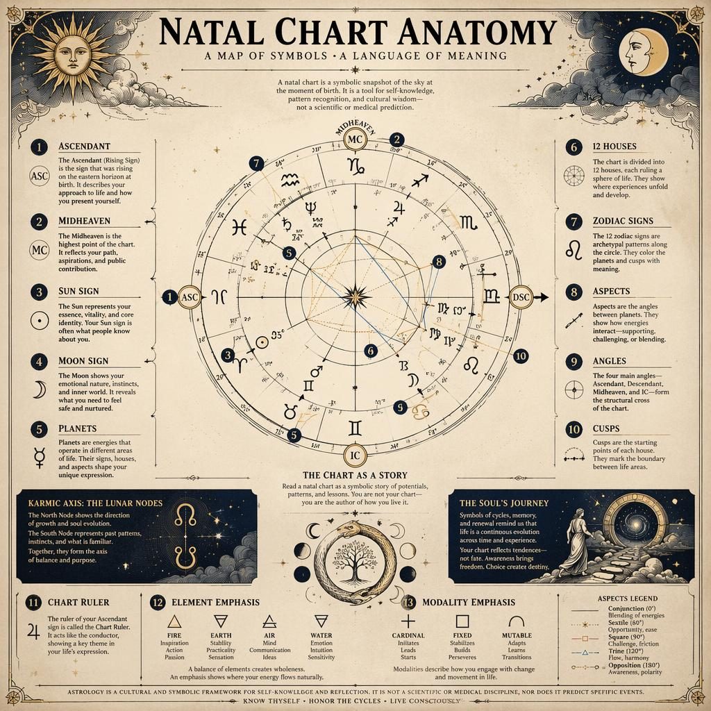 Vintage-style natal chart anatomy infographic with labeled wheel, houses, planets, nodes, and celestial motifs in monochrome.