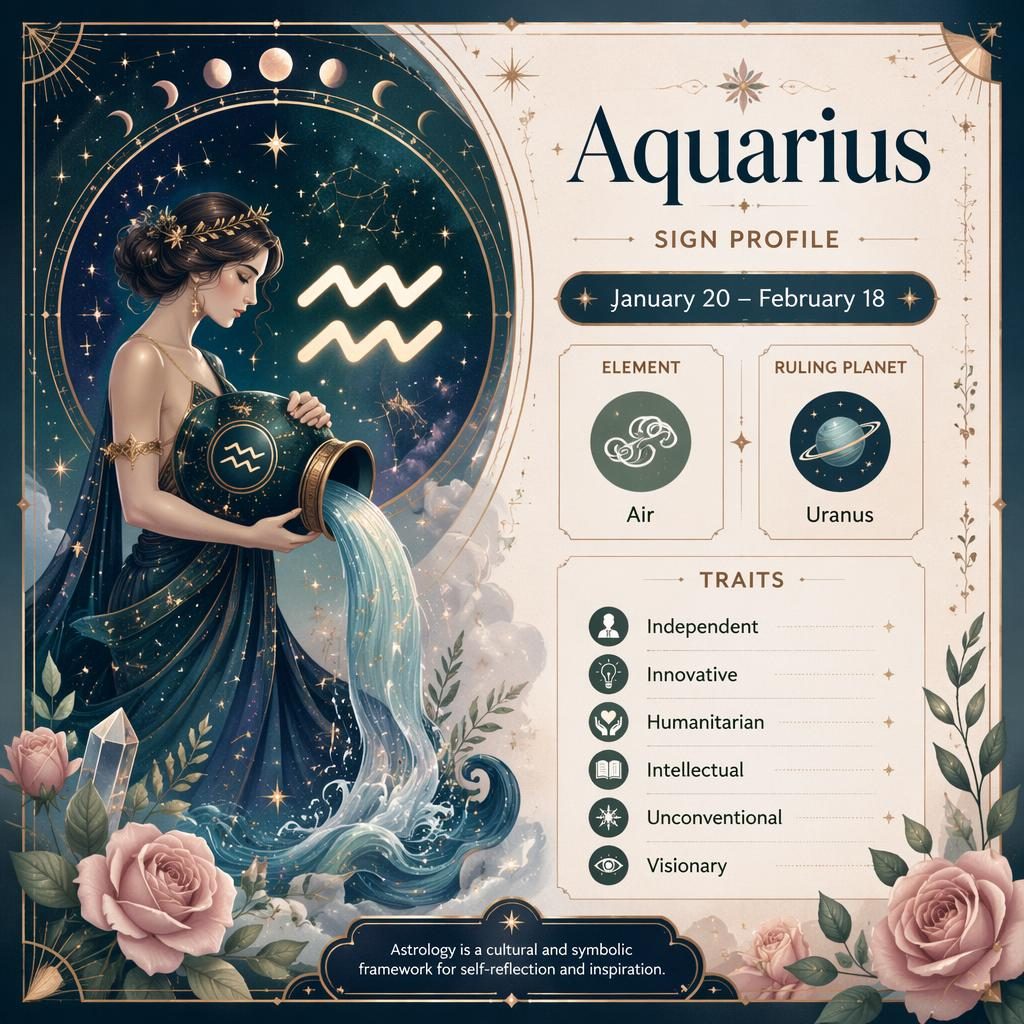 Carte profil du signe Verseau avec glyphe, porteur d’eau céleste, dates, élément Air, Uranus et traits en anglais.