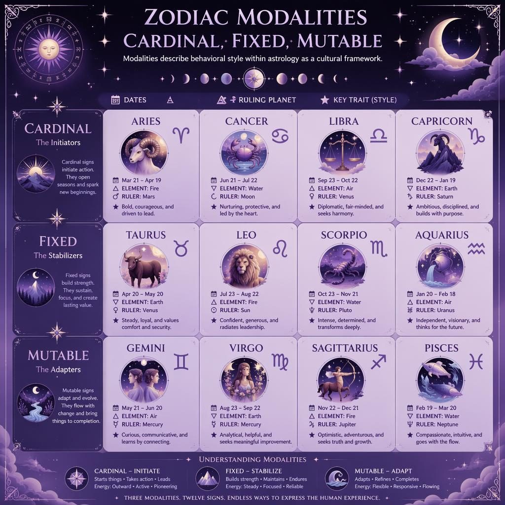 Pastel deep purple and silver zodiac infographic showing 12 signs grouped as Cardinal, Fixed, and Mutable.