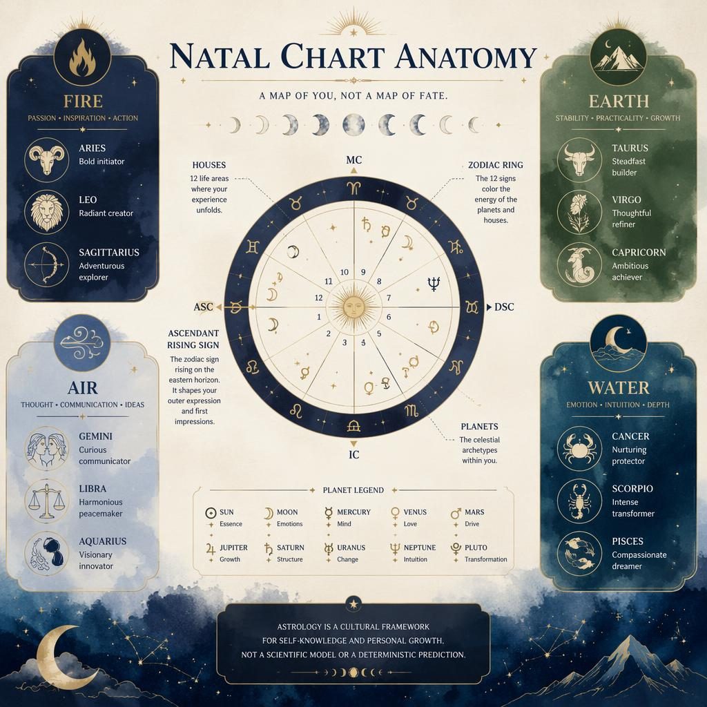 Editorial zodiac infographic with 4 element sections and a natal chart wheel highlighting the birth chart rising sign.