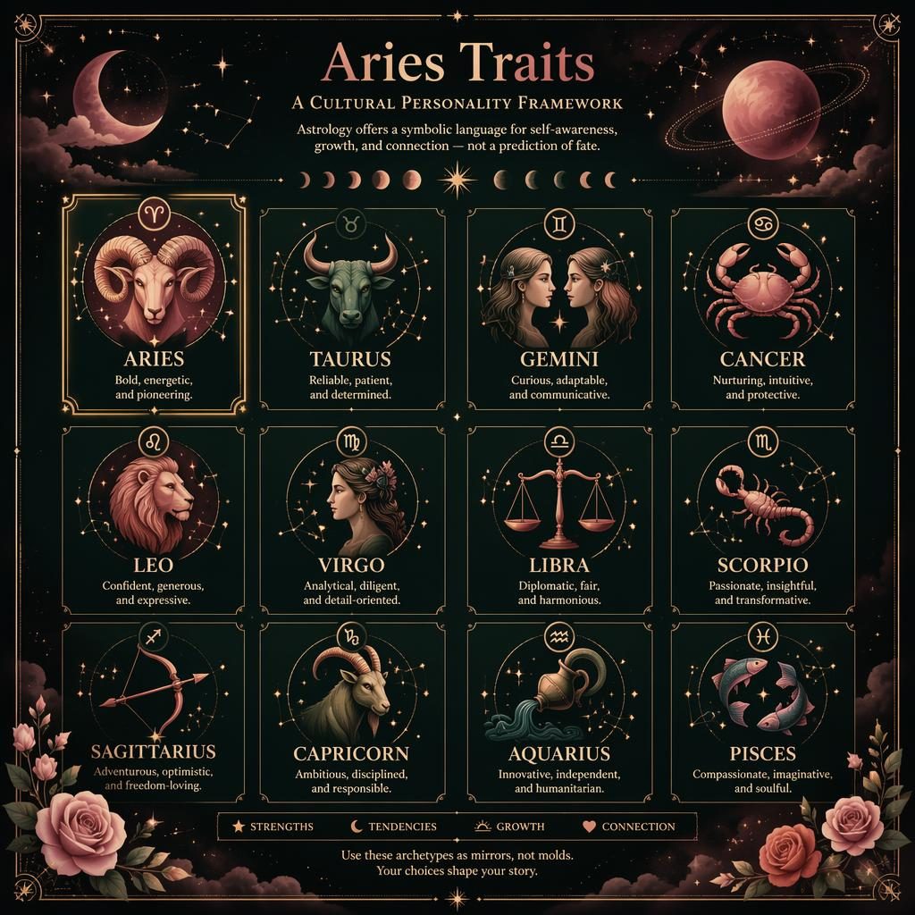 Infografía zodiacal editorial en cuadrícula de 12 signos, con Aries destacado, constelaciones, fases lunares y acentos dorados.