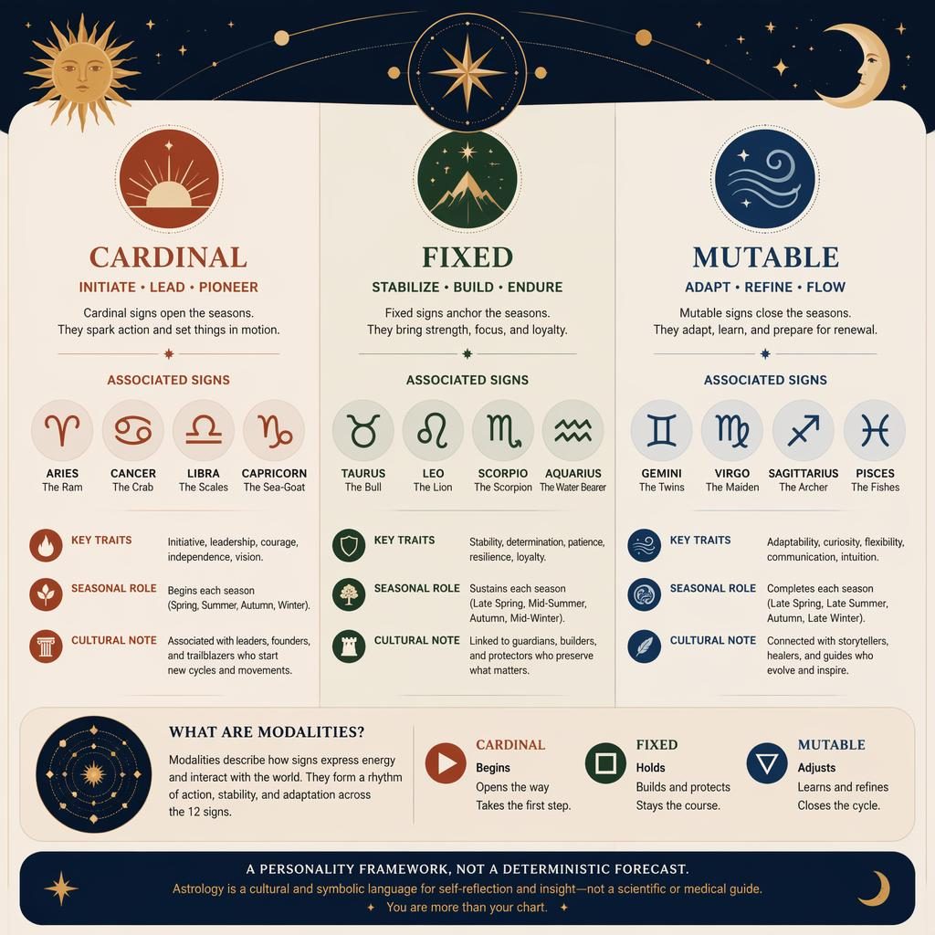 Minimalistická astrologická infografika rozděluje 12 znamení do kardinálních, fixních a proměnlivých modalit s ikonami a nebeskými prvky.