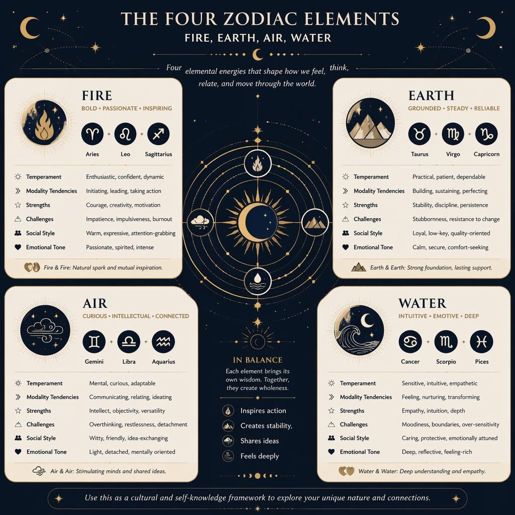 Infografía zodiacal editorial con diagrama central celeste y cuatro paneles: fuego, tierra, aire y agua.