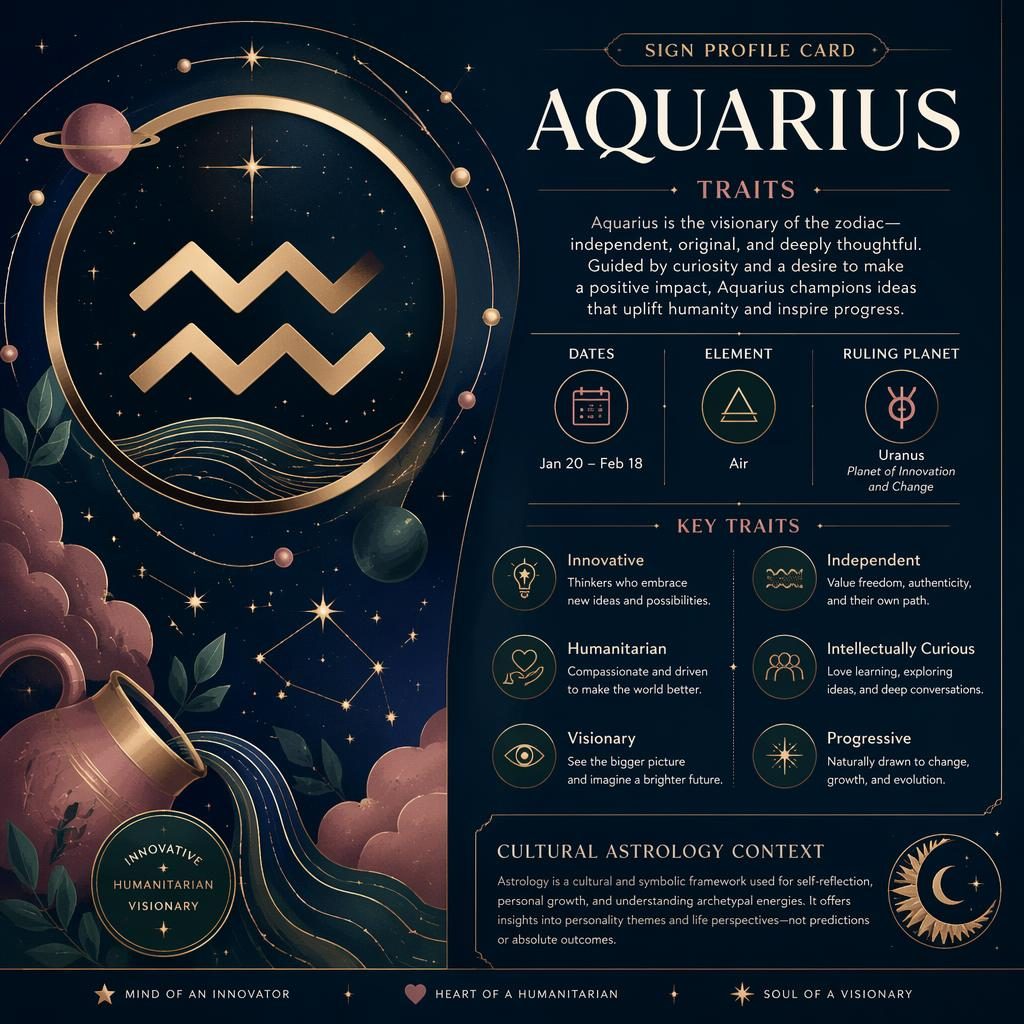Aquarius Traits zodiac profile card infographic with Aquarius glyph, dates, element, ruling planet, traits, stars and orbit lines